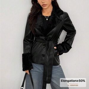 SHEIN Elegant Black PLeather Jacket with Plush Details